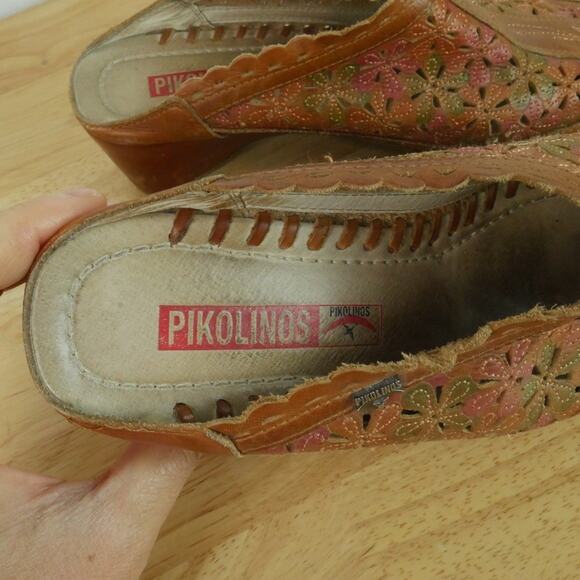 Pikolinos Romana Mules 38 Floral Cutout Leather Shoes 7.5 8 Boho Artsy Slip On - Picture 2 of 13